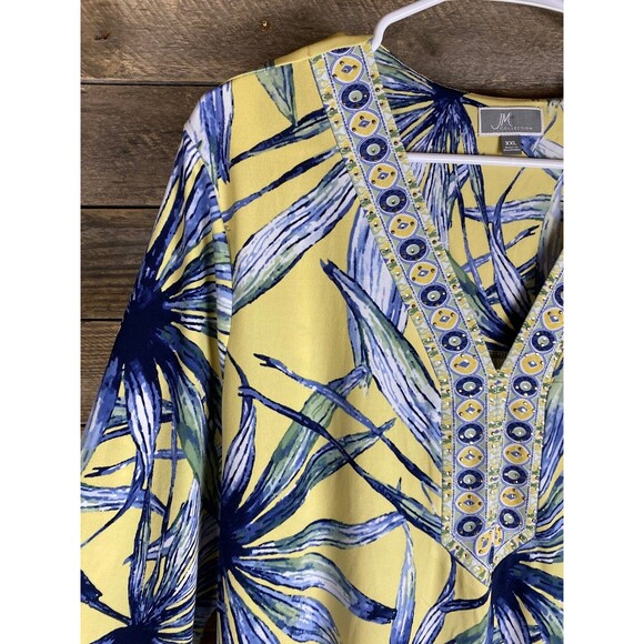 JM Collection Women's Plus Sz XXL Yellow Blue Printed Rhinestone V-Neck Top - Picture 2 of 11